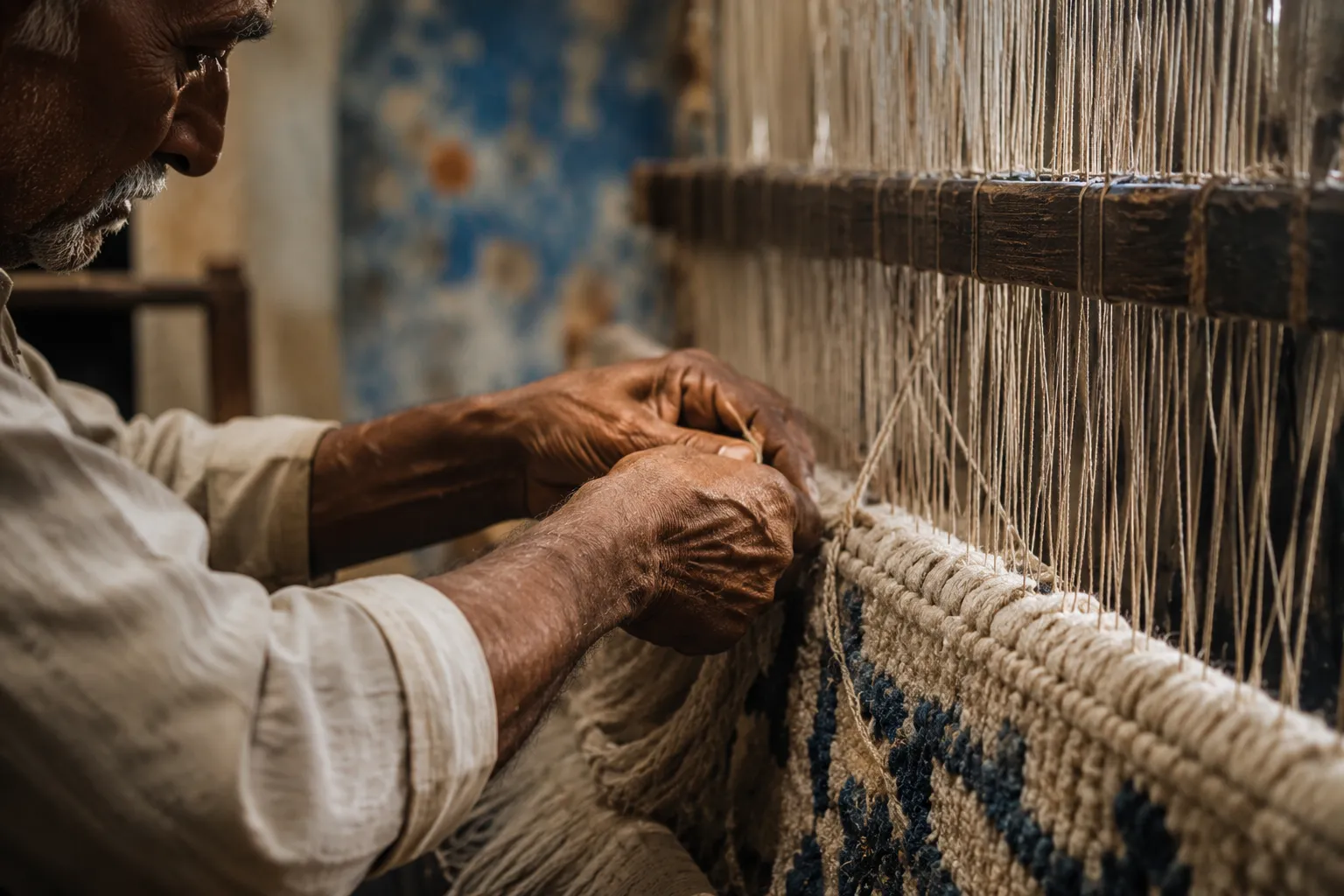 Artisans weaving a rug in Bhadohi